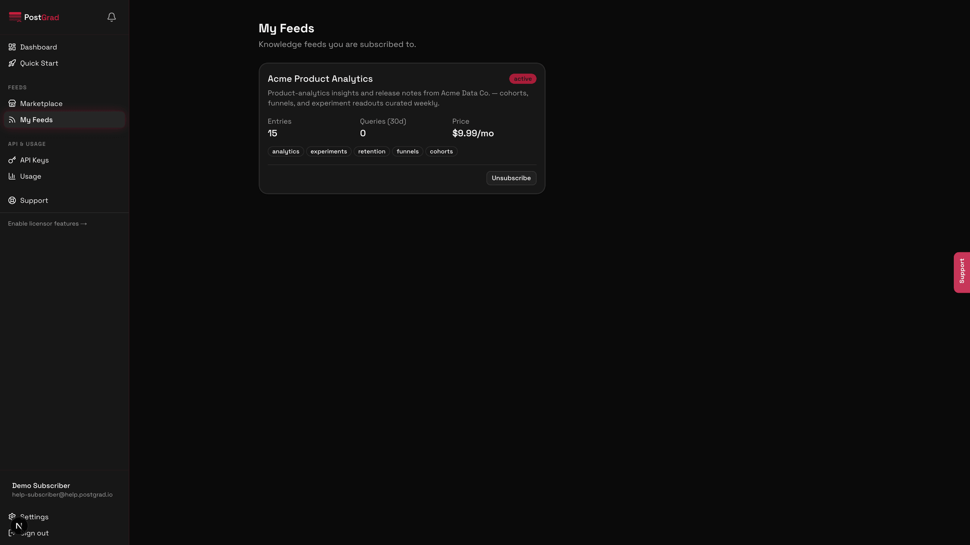The My Feeds page with a feed card highlighted and its cancel option visible.