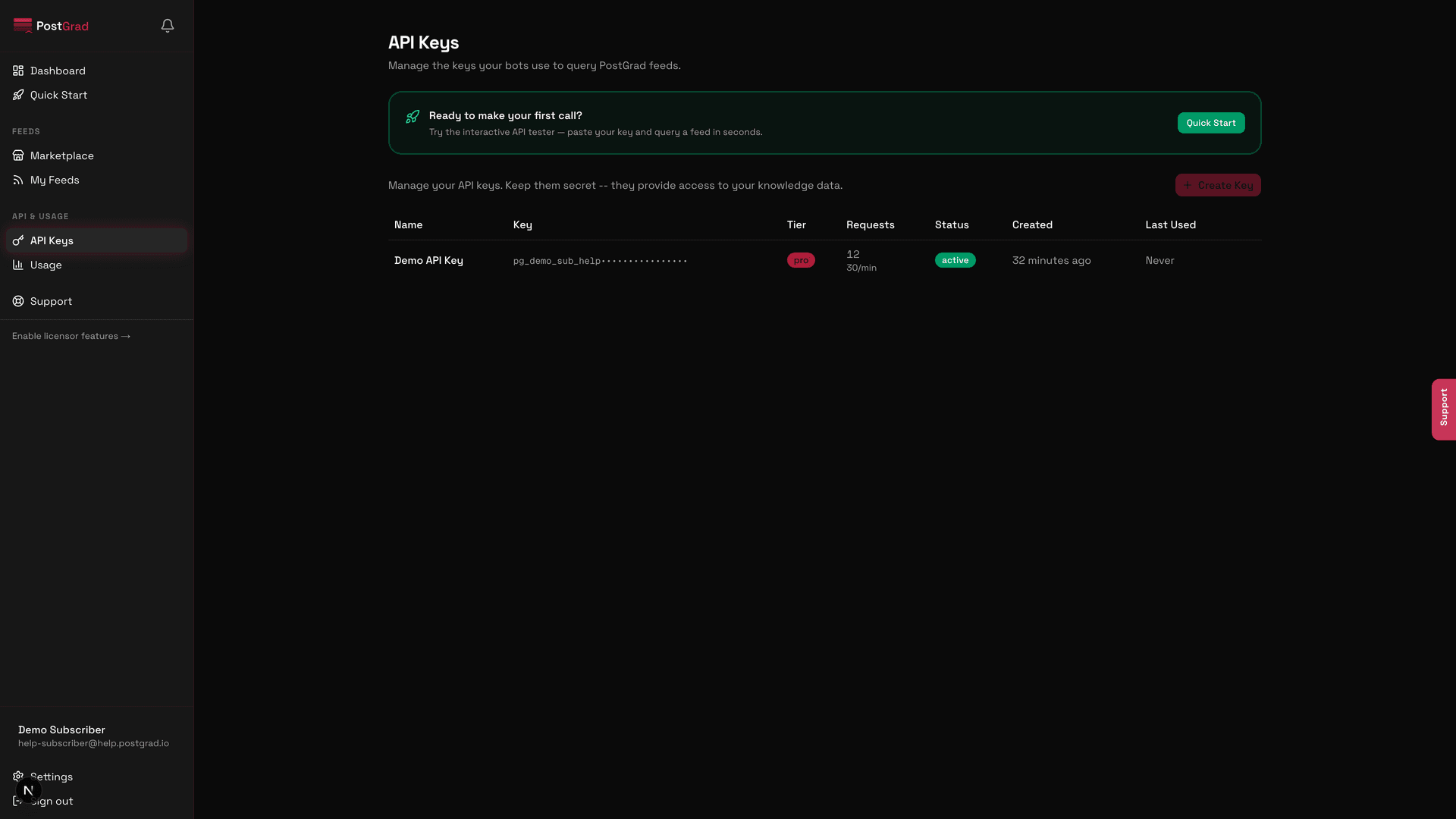 The API Keys page showing the sidebar navigation highlighted and the keys list view.