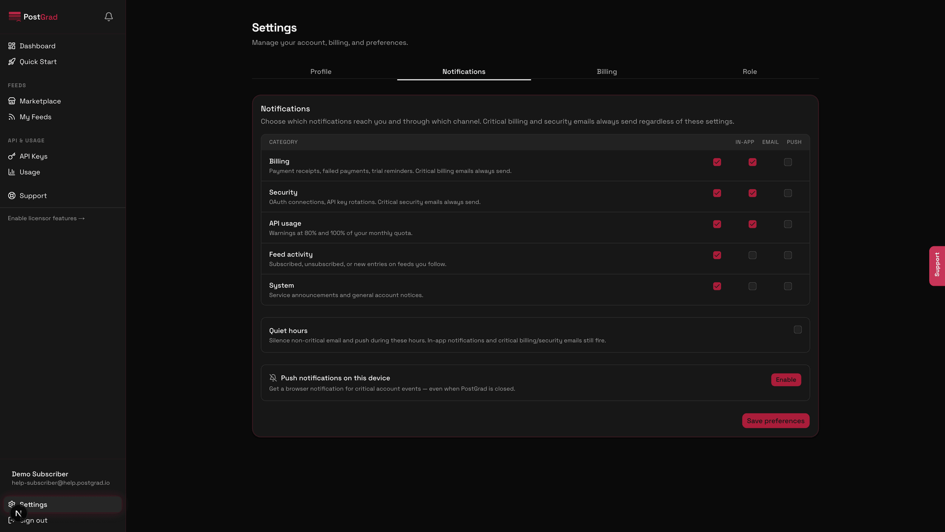 The Quiet Hours panel with a time-range picker and a timezone selector.