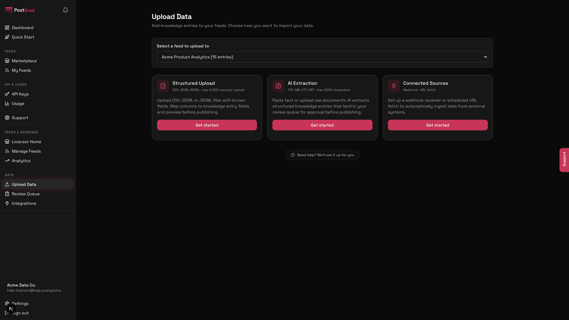The Connect screen showing supported source types: RSS, webhook, n8n workflow, Zapier.